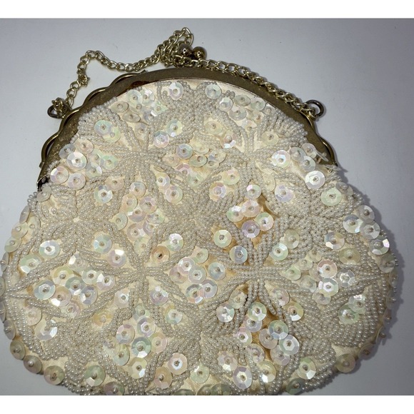 Vintage Handmade Purse Beaded Sequins Cream Gold Chain Clasp Hong Kong‎ - Picture 5 of 6